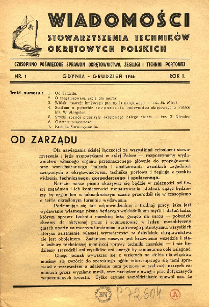 [t]Strona redakcyjna pierwszego numeru czasopisma „Wiadomości Stowarzyszenia Techników Okrętowych Polskich” z grudnia 1936 r.[/t] [s][/s]