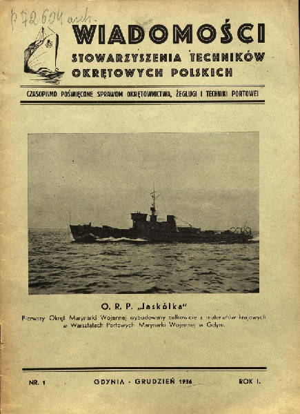 [t]Okładka pierwszego numeru czasopisma „Wiadomości Stowarzyszenia Techników Okrętowych Polskich” z grudnia 1936 r.[/t] [s][/s]